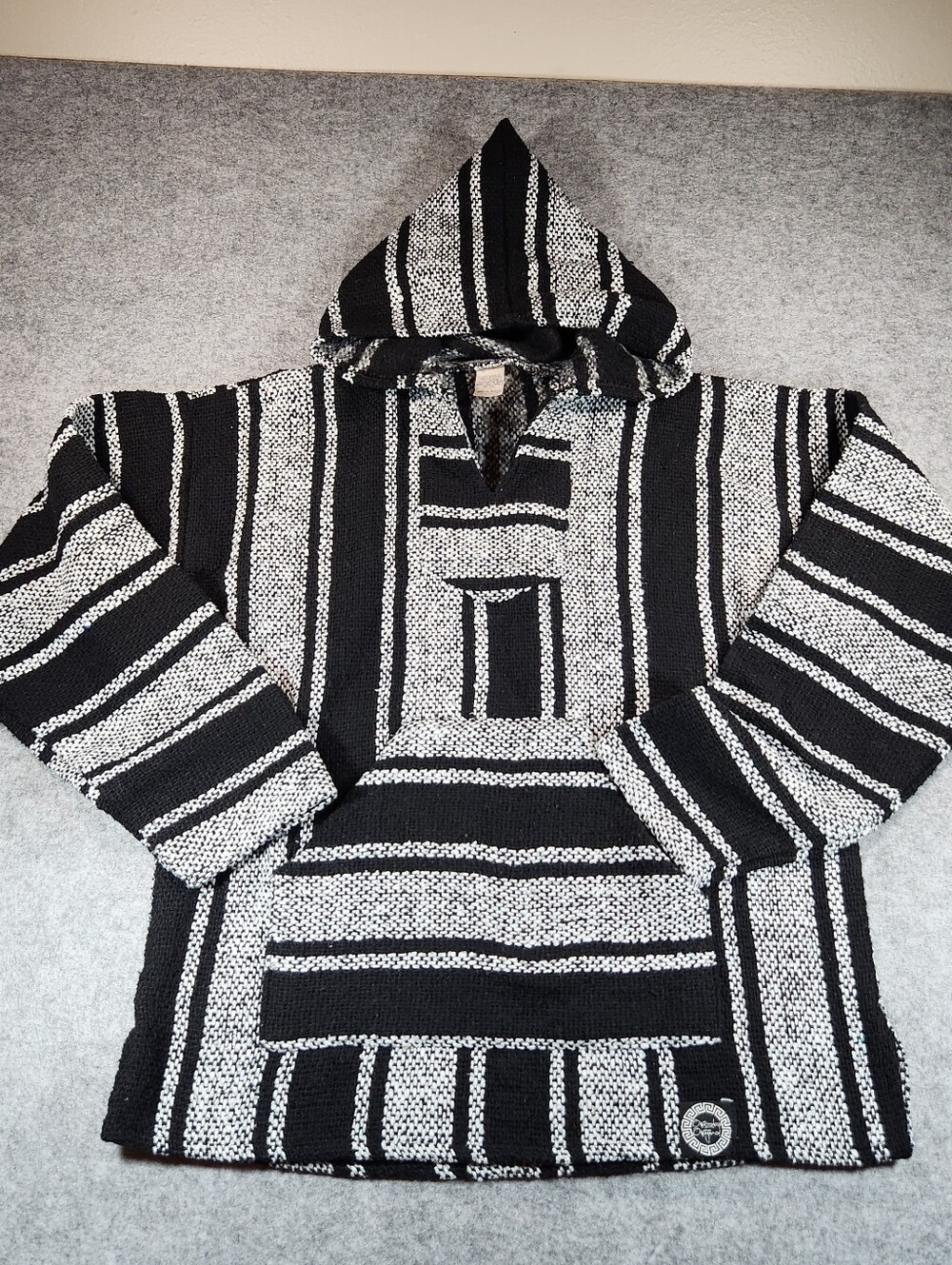 Orizaba Black and White Striped Baja Hoodie Sweater - Men's Small
